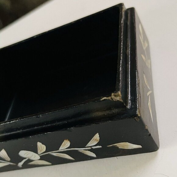 Chinese Mother of Pearl Wood Lacquer Box Old Man Floral Asian Trinket Decor - Picture 10 of 14